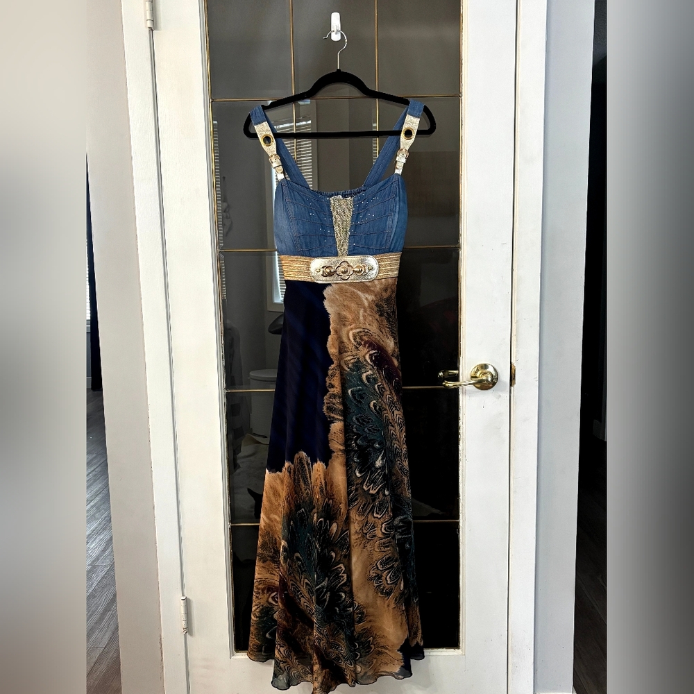 Denim and Patterned Dress with Gold Accents
